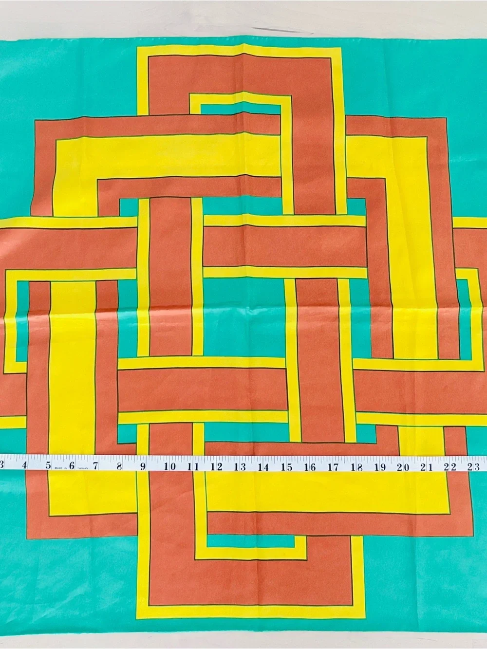 Silk Geometric Interlock Scarf in Teal, Mustard & Rust